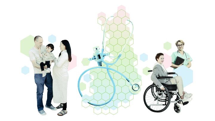 A collage-like illustration with a net-like pattern, a robot, and a stethoscope in the center of a map of Finland. Next to the map is a family with a pregnant mother and a toddler in the father's arms. On the other side of the map is a woman sitting in a wheelchair, with a member of the nursing staff beside her.