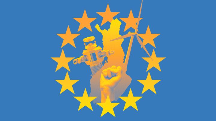 hand i knytnäve och EU-stjärnorna