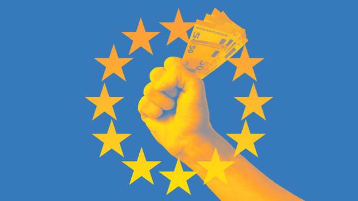 EU-tähdet ja käsi, joka pitää rahaa.