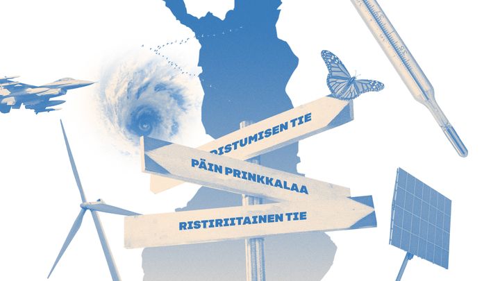 Suomen kartta, kolme tienviittaa, tuulimylly, aurinkopaneeli, lämpömittari.