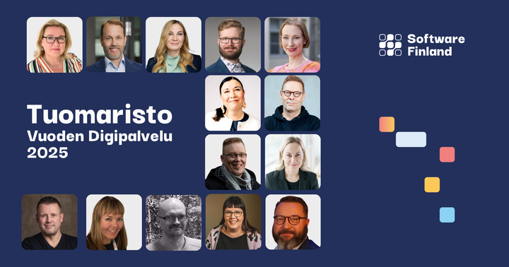 Vuoden Digipalvelu -palkinnon osaavaa tuomaristoa johtaa uusi puheenjohtaja Riitta Raesmaa (vasemmalla ylhäällä). Palkinnon myöntää vuosittain ohjelmistoalan kattojärjestö Software Finland ry (SF). Vuoden Digipalvelu palkitaan 6.11.2025 seitsemättä kertaa.