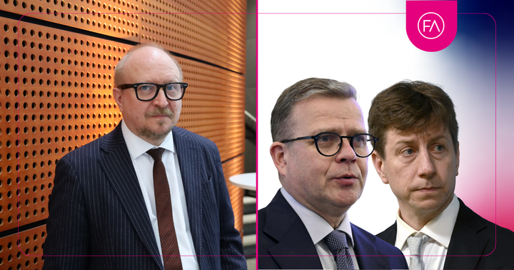 Finanssiala ry: toimitusjohtaja Arno Ahosniemi (kuvassa vas.) kehuu pääministeri Petteri Orpon ja elinkeinoministeri Sakari Puiston avausta laajentaa osakesäästötiliä rahastoihin. Ministerien kuvat: Lehtikuva / Emmi Korhonen ja Markku Ulander.