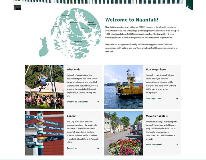 Naantalin kaupunki julkaisi verkkosivut myös ruotsiksi ja englanniksi. Sivut ovat visuaalisesti raikkaat ja kertovat kohderyhmälle olennaiset tiedot.