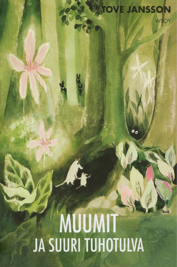 Muumihahmoja metsässä Muumi ja suuri tuhotulva -kirjan kannessa.