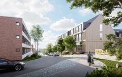 Havainnekuva uudesta rakennuksesta Maariankadun-Tuulensuunkadun kulmasta nähtynä.