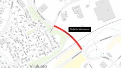 Karttakuva Ruonan yhdystien suljetusta osasta välillä Rautakatu-Armonlaaksontie.