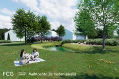 Taimonrannan alueen idealuonnos, vehreää puistomaisemaa, taustalla rakennuksia.