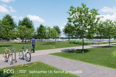 Taimonrannan alueen idealuonnos, jossa vehreää nurmialuetta, pyörien säilytyspaikka ja kivestä tehty kulkureitti. Taustalla meri.