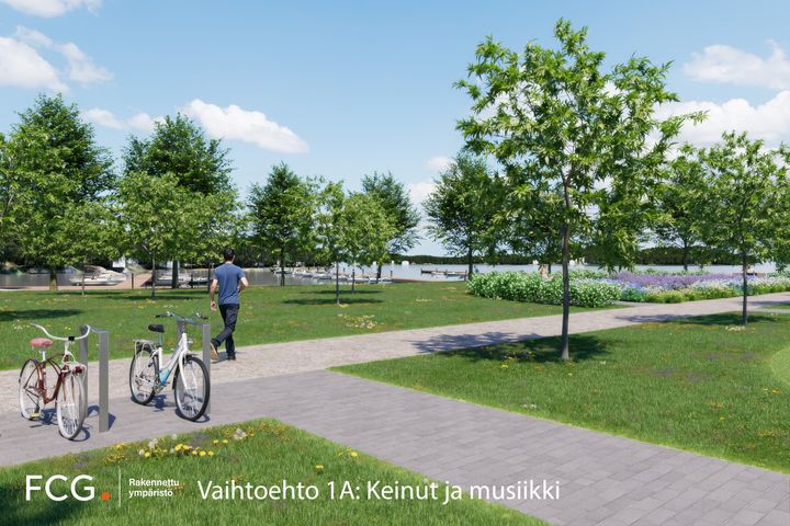 Taimonrannan alueen idealuonnos, jossa vehreää nurmialuetta, pyörien säilytyspaikka ja kivestä tehty kulkureitti. Taustalla meri.