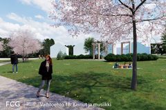 Taimonrannan alueen havainnekuva, kirsikkapuita ja taustalla rakennuksia.