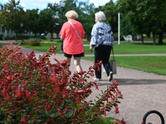 Kaksi henkilöä kävelee Naantalin Kirkkopuistossa ja etualalla punaisia kukkia.