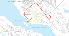 Karttakuva sulun aikaisesta kiertoteitistä, joka merkitty kuvaan punaisella. Reitti kulkee Satamatie – Uolevi Raaden katu – Kuparivuorentie.
