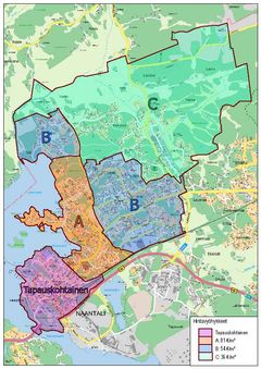 Uusittavien vuokrasopimusten hintavyöhykekartta.
