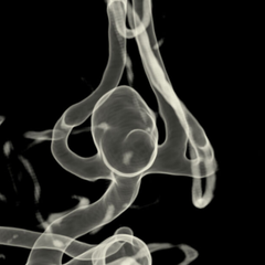 Black and white abstract image resembling intertwined, curving tubes with bulbous shapes.