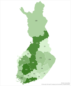 Kuvassa Suomen kartta, jossa esitetään 4H-yritysten määrät maakunnittain vuodelta 2025. Eniten 4H-yrityksiä on Pohjois-Pohjanmaalla, Pirkanmaalla, Keski-Suomessa ja Helsinki-Uudellamaalla.