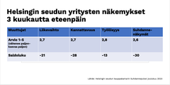 Helsingin seudun yritysten näkemykset kolme kuukautta eteenpäin. Kuva: Helsingin seudun kauppakamarin Suhdannepulssi.