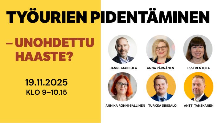 Työurien pidentäminen - unohdettu haaste? -webinaari keskiviikkona 19.11.2025 klo 9.00-10.30.