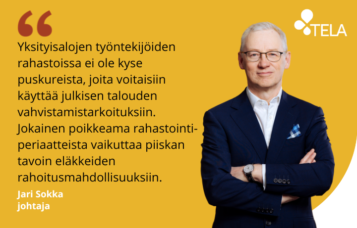 Telan johtaja Jari Sokan kuva ja sitaatti: Yksityisalojen työntekijöiden rahastoissa ei ole kyse puskureista, joita voitaisiin käyttää julkisen talouden vahvistamistarkoituksiin. Jokainen poikkeama rahastointiperiaatteista vaikuttaa piiskan tavoin eläkkeiden rahoitusmahdollisuuksiin.