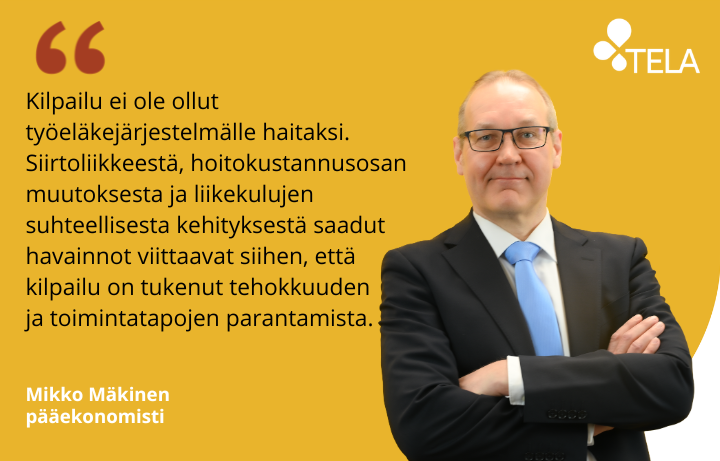 Telan pääekonomisti Mikko Mäkisen kuva ja sitaatti: Kilpailu ei ole ollut työeläkejärjestelmälle haitaksi. Siirtoliikkeestä, hoitokustannusosan muutoksesta ja liikekulujen suhteellisesta kehityksestä saadut havainnot viittaavat siihen, että kilpailu on tukenut tehokkuuden ja toimintatapojen parantamista.