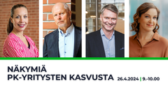 Kasvu Open julkistaa Näkymiä pk-yritysten kasvusta -tuloksia perjantaina 26.4.2024 kello 9.00-10.00. Tulokset julkaistaan webinaarissa ja sen jälkeen avoimesti verkossa.