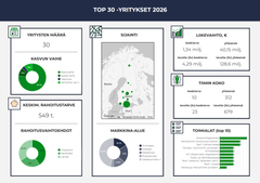 Keskimääräinen TOP 30 -yritys vaihtaa 1,34 miljoonaa euroa ja työllistää 10 henkilöä.