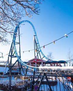 Luminen Taiga-vuoristorata Linnanmäellä, puun oksia ja värikkäiden hehkulamppujen valonauha etualalla.