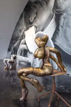 Kuva Sarah Lucasin PALJAS KATSE -näyttelystä Kiasmassa. Etualalla teos ZEN LOVESONG (2022).