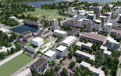 Illustrationen visar ljusa byggnader runt torget. I omgivningen finns också träd, berg och vidsträckta gräsmarker.