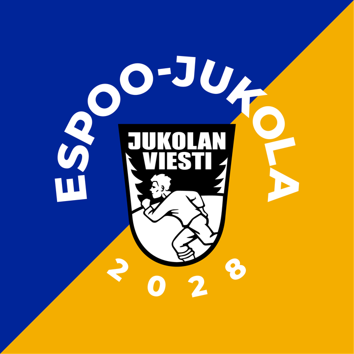 Kuvassa on Espoo-Jukolan logo, jonka taustalla ovat sininen ja lämpimän oranssi taustavärinä.