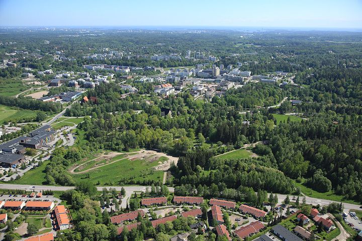 Etualalla pientaloasutusta, taustalla tiiviimmin rakennettu kaupunkikeskus.