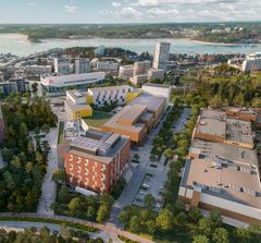Havainnekuva. Kuvassa etualalla näkyy uusi rakennettava rakennus, teitä ja puita. Kuvan taustalla näkyy Kivenlahden metroasema.
