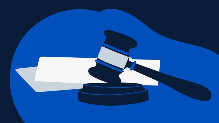 Sinisävyinen piirroskuva puheenjohtajan nuijasta.