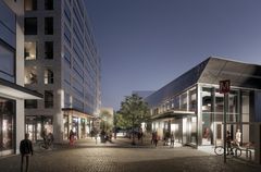 Metrostationens byggnad finns i högra kanten av bilden och till vänster syns fasaderna av de planerade nya höghusen med affärslokaler på marknivå. På bilden syns också människor som går längs gångbanan.