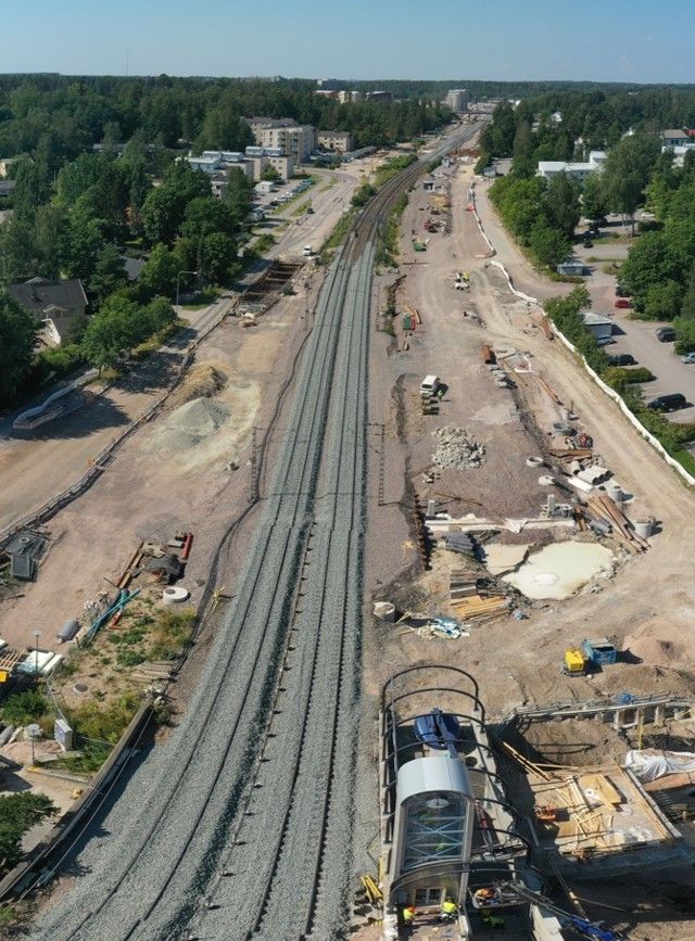Aerial view of a railway construction site.