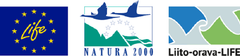 Life-logo, Natura 2000 -logo, Liito-orava-LIFE-hankkeen logo.