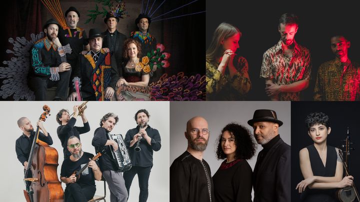 Kuvakollaasi Sellosalin lavalla nähtävistä esiintyjistä: The Klezmatics, Quite Vivian, Söndörgő, Wishamalii sekä Melisa Yıldırım.