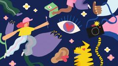 Kuvituskuvassa muun muassa henkilö, kukka, silmä ja tiikeri piirroskuvina.