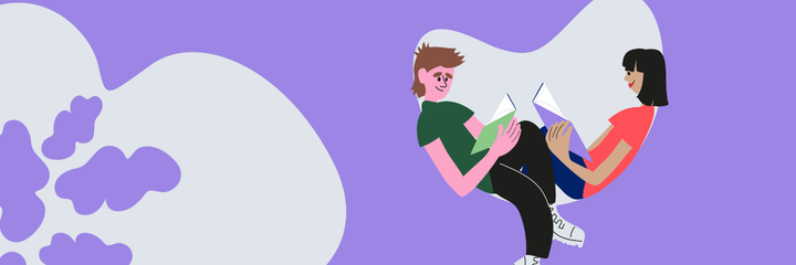 Piirroskuva, jossa kaksi ihmistä istuu vastakkain ja lukee kirjoja vaaleanvioletilla taustalla.