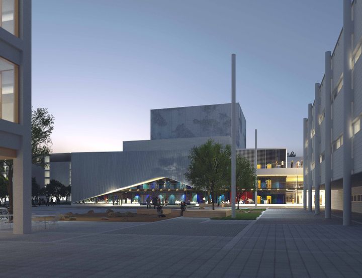 Havainnekuva Espoon kulttuurikeskuksen aukiosta kaakosta, jossa näkyvät aukion avarat tilat, istutusalueet ja ympäröivät rakennukset.