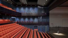 Havainnekuva Espoon kulttuurikeskuksen teatterin uudesta teatterisalista, jossa näkyvät modernit katsomot ja näyttämövalaistus.