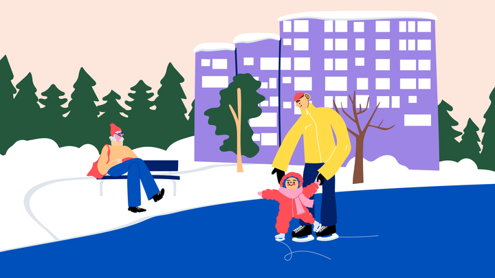 Talvisessa piirroskuvassa on perhe luistelemassa.