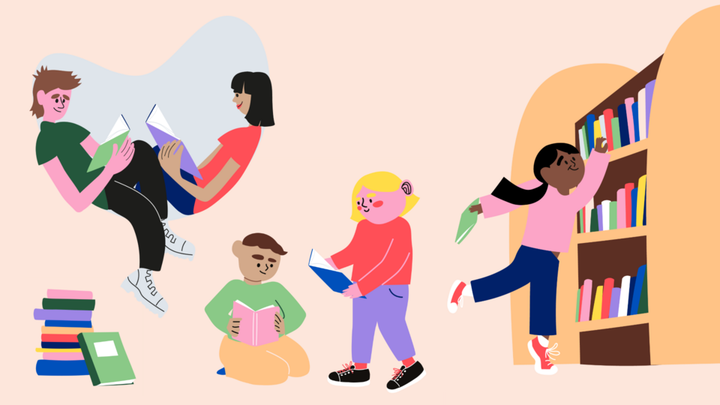 Piirroskuva: Neljä lasta lukee kirjoja: yksi istuu ja lukee kirjahyllyn edessä, toinen seisoo ja ojentaa kätensä kirjahyllylle, kolmas makaa maassa lukien ja neljäs istuu pitäen kirjaa sylissään.