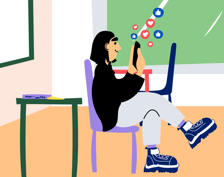 Piirroskuva nuoresta, joka käyttää omaa puhelintaan sosiaalisen median selailuun luokkahuoneessa.