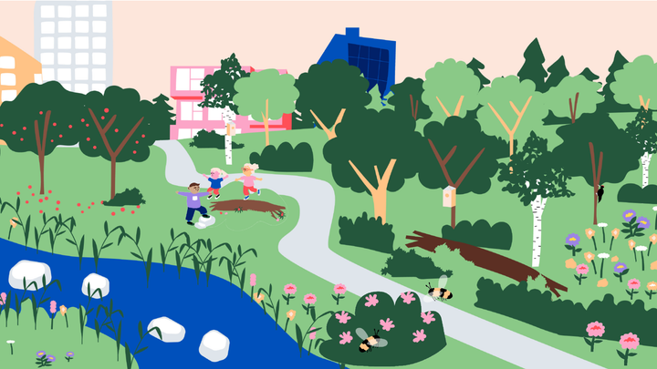 Illustration av en grönskande park med barn som leker, träd, blommor, murkna träd och en slingrande stig nära ett vattendrag.