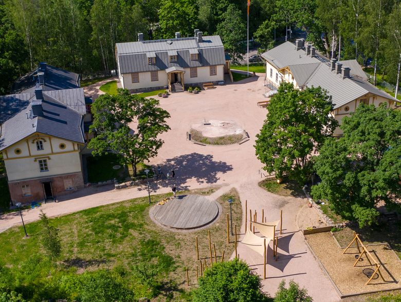 kesäinen pihapiiri jossa kolme rakennusta sekä lasten leikkikenttä.