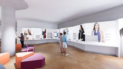 Piirroskuvassa hahmottelua näyttelytiloista.