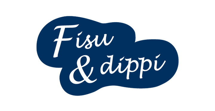 Fisu & dippi -logo. Valkoinen teksti tummansinisellä pohjalla.