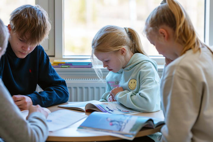 Oppilaita pöydän ääressä opiskelemassa.