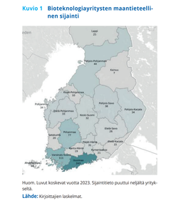 Kuvio 1: Bioteknologiayritysten maantieteellinen sijainti vuonna 2023