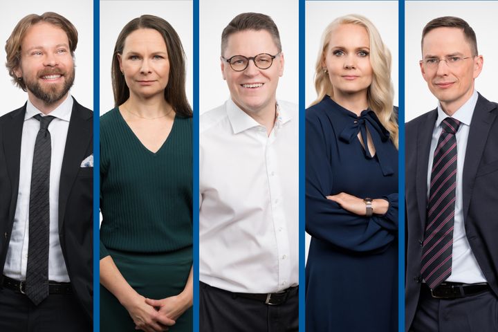Syksyllä alkaneista uusista hankkeista vastaavat Etlan vanhempi tutkija Otto Kässi (vas), ennustepäällikkö Päivi Puonti, tutkimusneuvonantaja Petri Rouvinen, tutkimuspäällikkö Terhi Maczulskij ja tutkimusjohtaja Antti Kauhanen.
